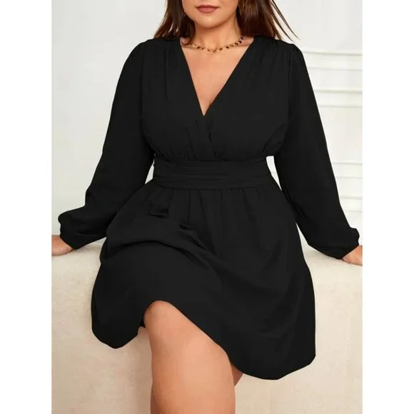NEW Womens Plus Surplice Neck Lantern Sleeve Dress 4XL Plus 20 Black - Picture 3 of 6